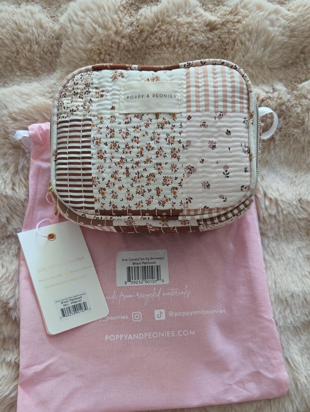 Poppy & Peonies Cream and Brown Quilted Patchwork Cosmetic Case